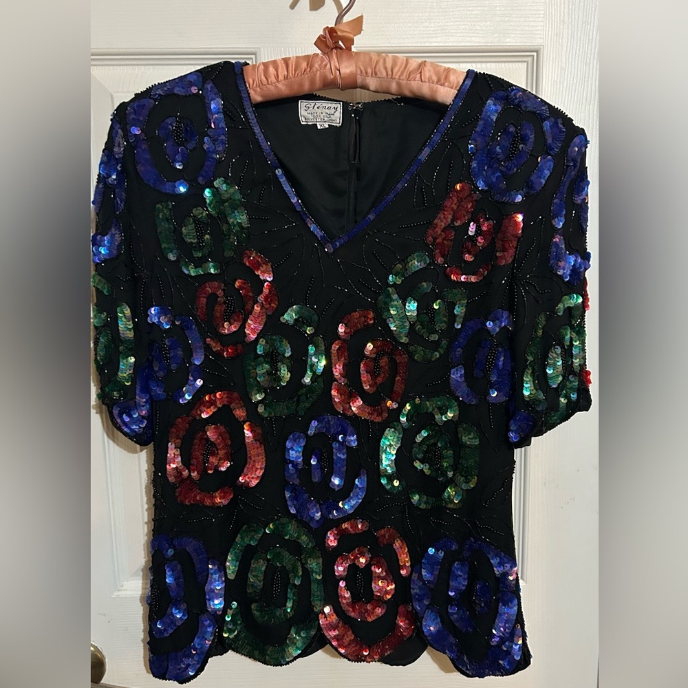 Vintage Stenay sequined multicolored flower top size XL